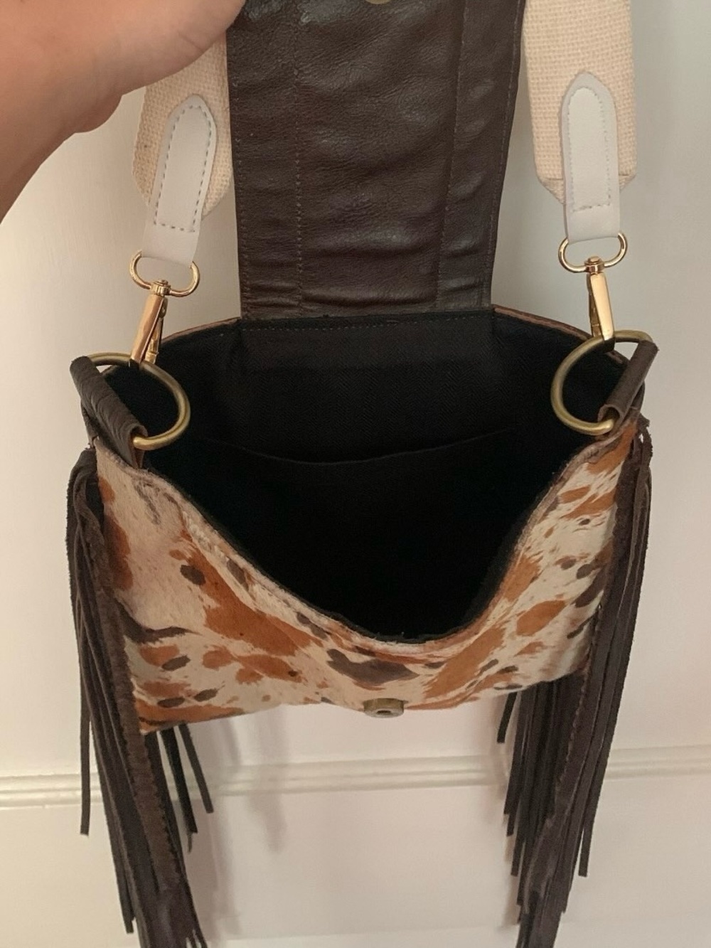 Upcycled Louis Vuitton Material, Brown & White Cowhide Fringe Shoulder Bag - Picture 5 of 8